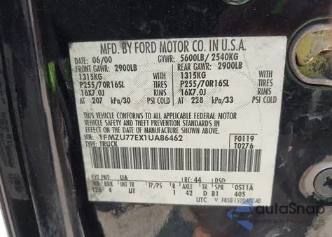 2001 Ford Explorer Sport Trac из США, поврежденный, VIN 1FMZU77EX1UA86462